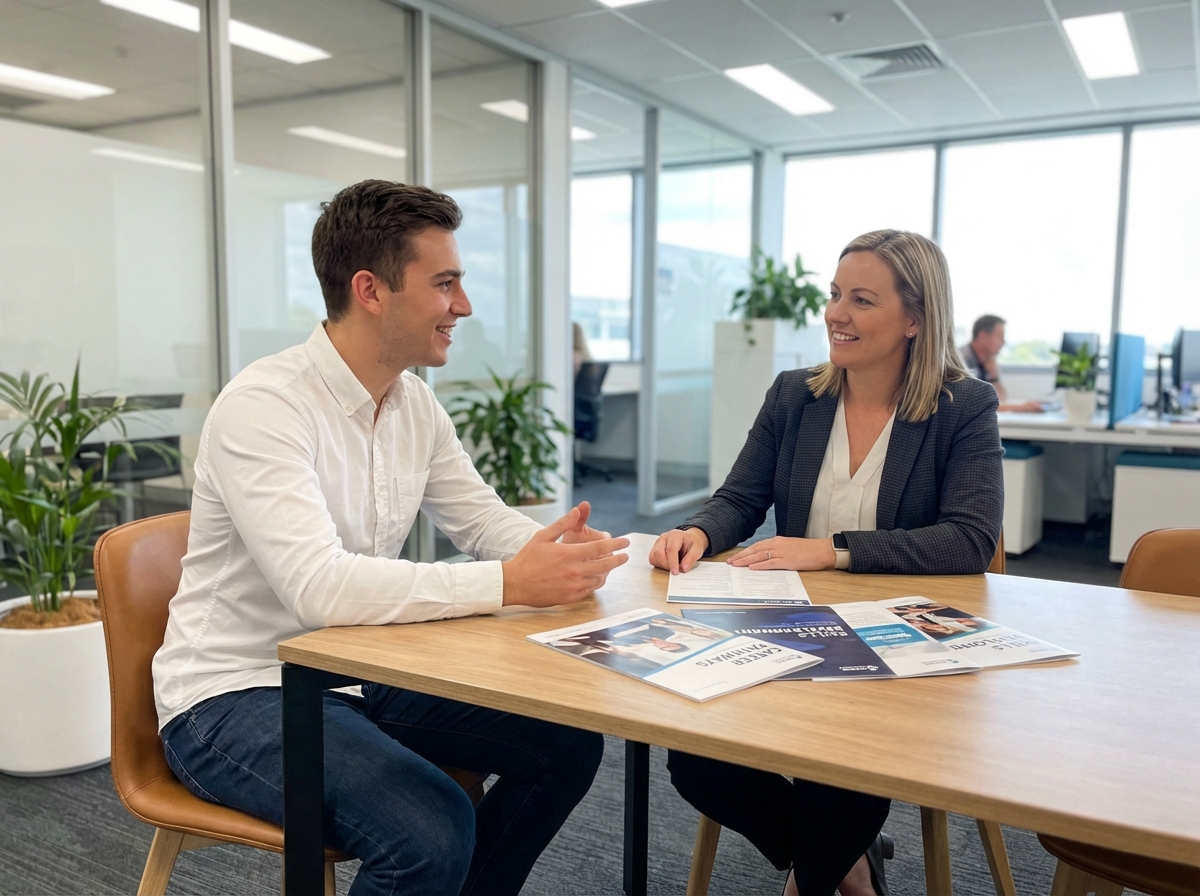 Jeune homme discutant avec un conseiller en formation dans un bureau moderne