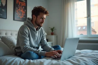 Jeune homme assis sur le lit avec son ordinateur portable