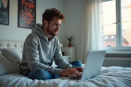 Jeune homme assis sur le lit avec son ordinateur portable