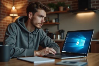 Jeune homme avec hoodie et ordinateur portable affichant un VPN