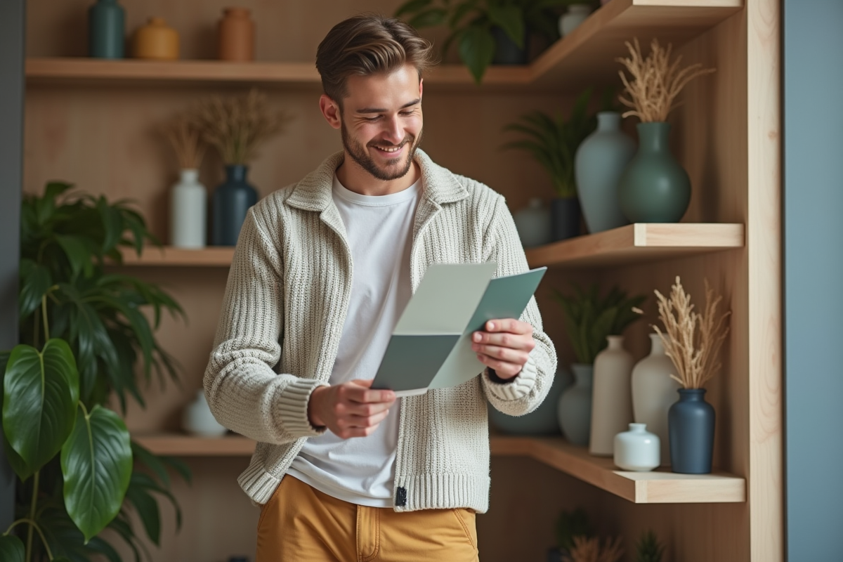 Jeune homme choisissant des échantillons de peinture