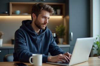 Jeune homme concentré travaillant sur son ordinateur portable à la maison