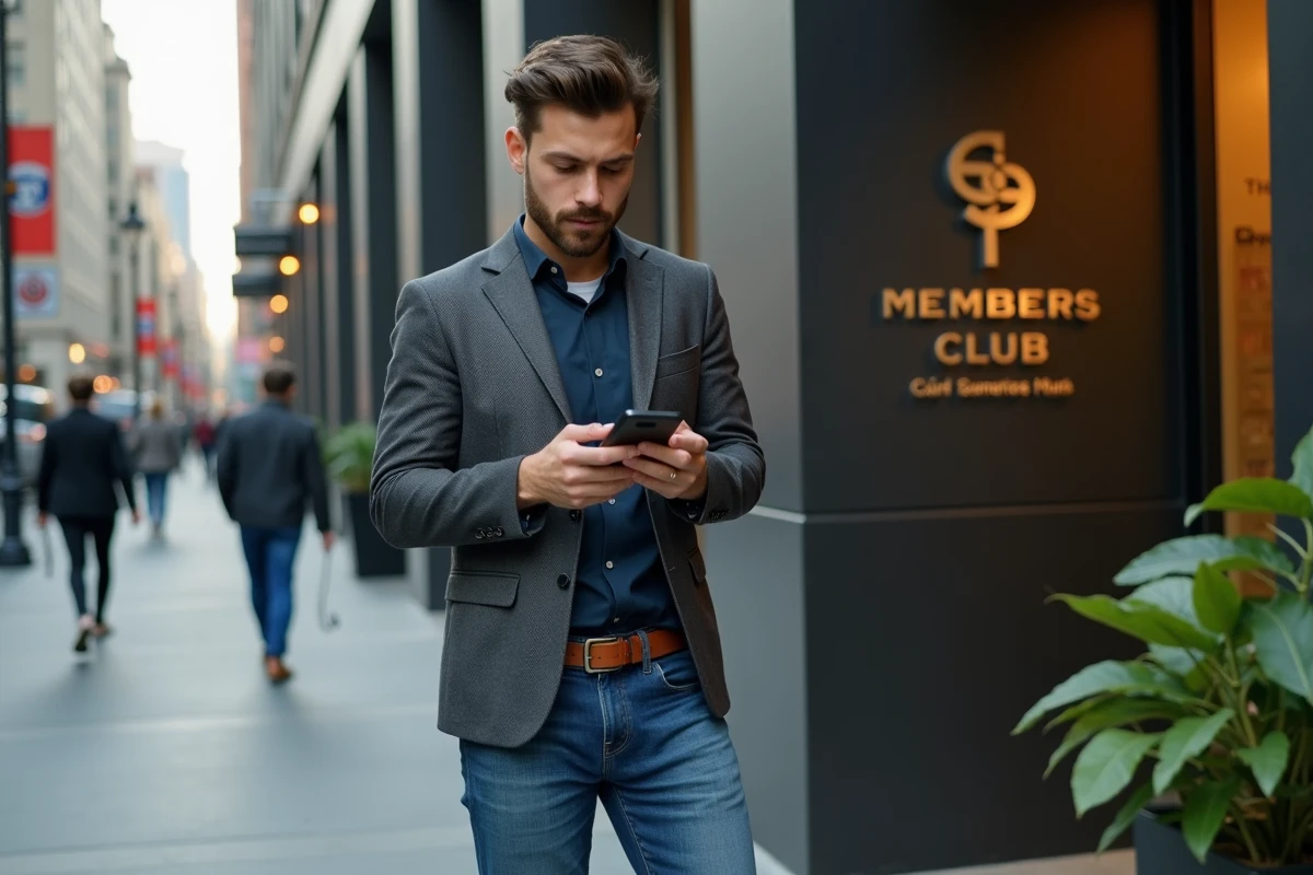 Jeune homme regardant son téléphone devant un bâtiment
