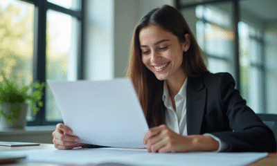 Jeune stagiaire en costume heureux dans un bureau moderne