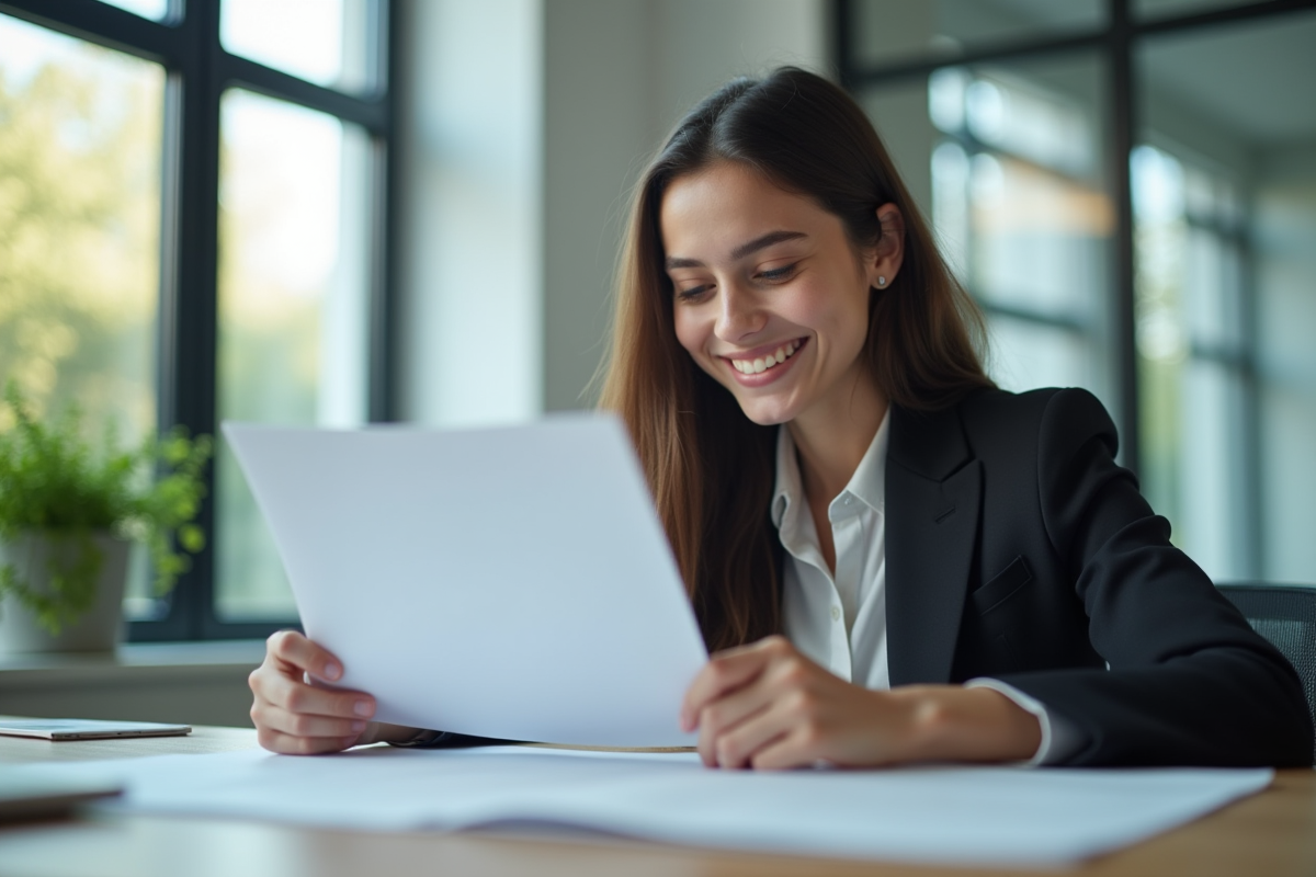 Jeune stagiaire en costume heureux dans un bureau moderne