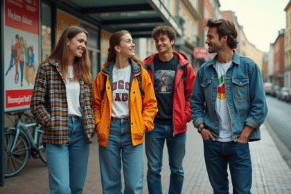 Groupe de jeunes en mode 1994 à un arrêt de bus