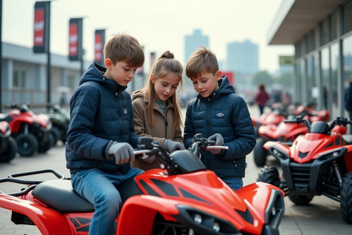 Trois adolescents examinant des quads dans un concessionnaire