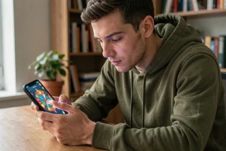 Jeune homme jouant à Coin Master sur smartphone à son bureau, cherchant des tours gratuits