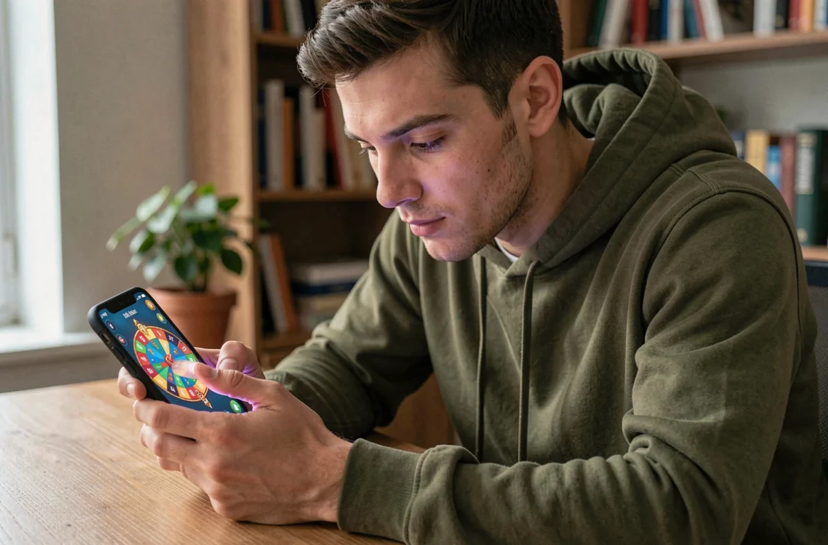 Jeune homme jouant à Coin Master sur smartphone à son bureau, cherchant des tours gratuits