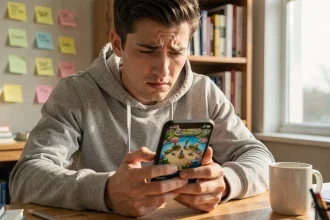 Jeune homme frustré regardant son smartphone avec un jeu de plateau mobile à l'écran, assis à un bureau en bois encombré dans un bureau à domicile