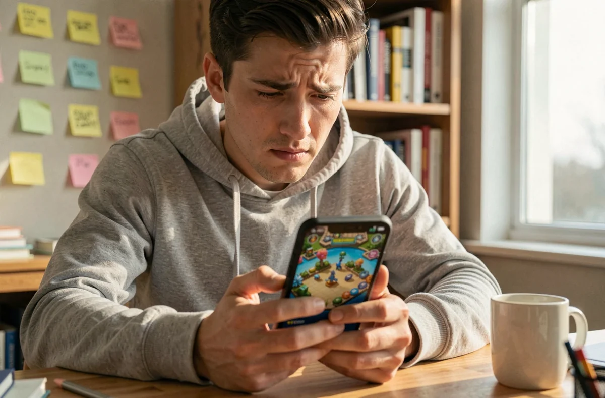 Jeune homme frustré regardant son smartphone avec un jeu de plateau mobile à l'écran, assis à un bureau en bois encombré dans un bureau à domicile