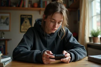 Joueuse concentrée sur une console portable explorant les secrets et clés cachées dans Hollow Knight Silksong