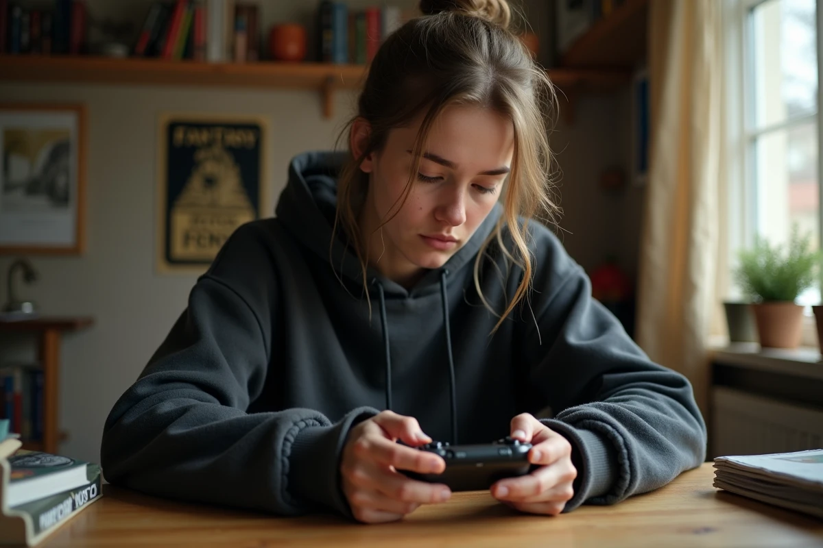 Joueuse concentrée sur une console portable explorant les secrets et clés cachées dans Hollow Knight Silksong