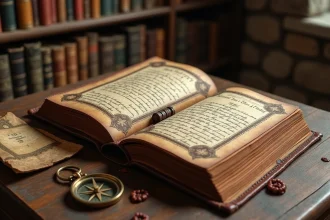 Journal ancien ouvert sur une table en chêne avec des noms écrits à la main en calligraphie sépia, évoquant les lignées familiales et les secrets de noms dans un contexte d'aventure maritime