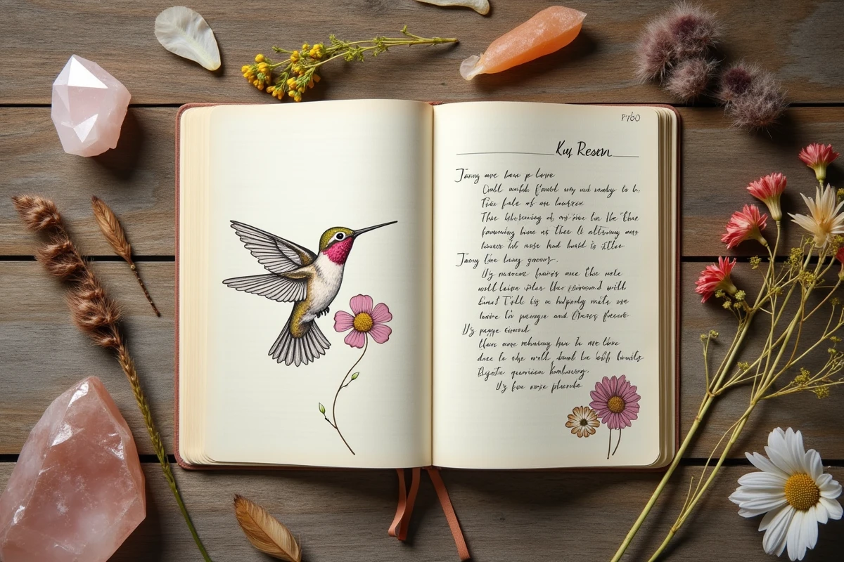 Journal ouvert avec illustrations de colibris et notes manuscrites entouré de fleurs séchées et cristaux sur bois rustique, symbolisant la quête de sens et la mission de vie