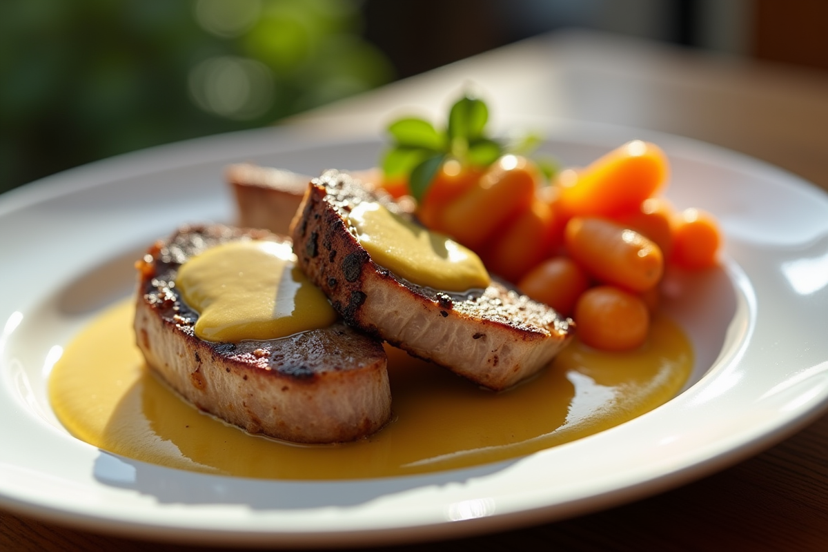 Lapin en sauce moutarde avec légumes sur assiette blanche