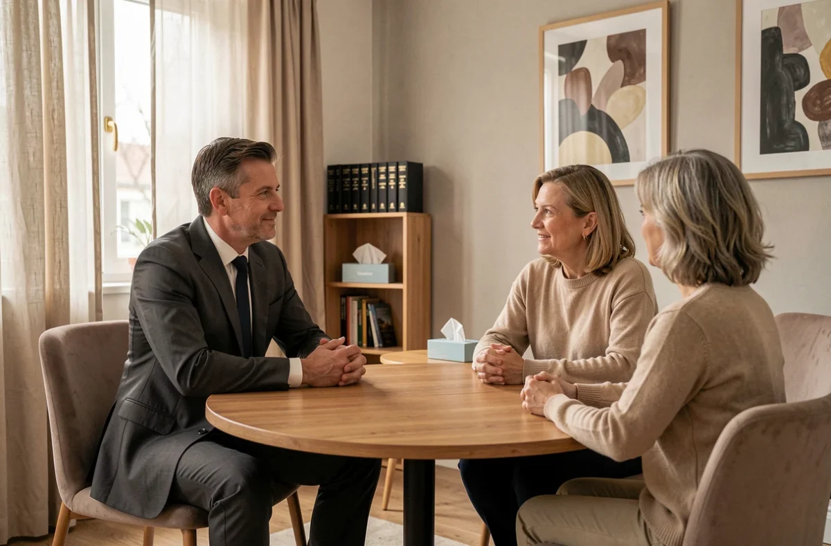 Avocat en droit de la famille à Chalon-sur-Saône en consultation empathique avec des clients autour d'une table ronde