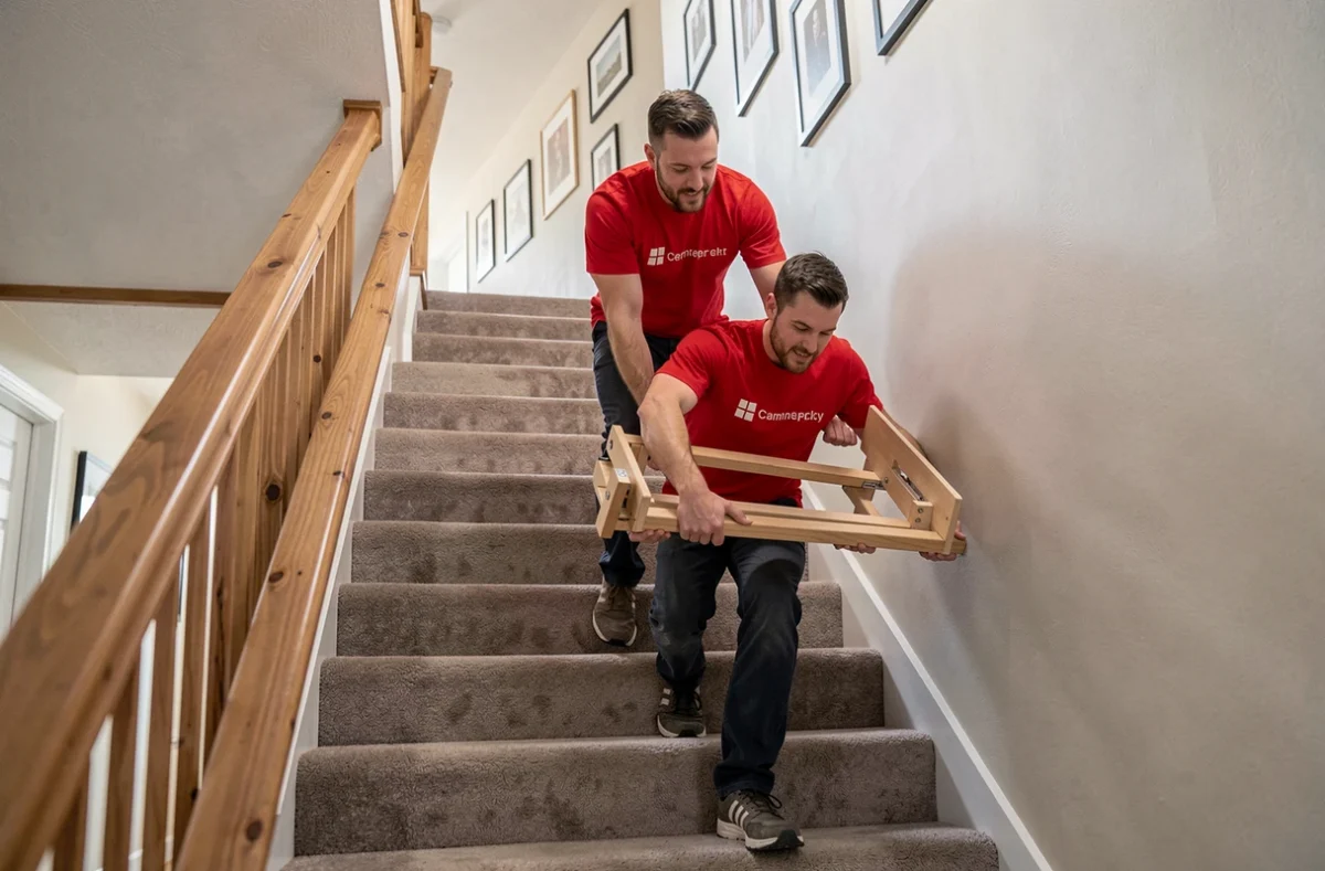 Déménageurs des Déménageurs Bretons transportant un cadre de lit dans un escalier résidentiel