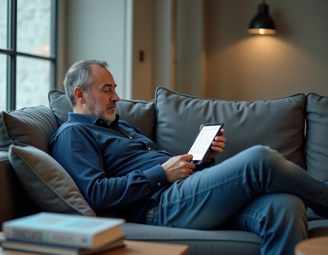 Homme lisant un ebook téléchargé en français sur une tablette numérique dans son salon moderne
