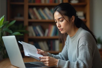 Femme lisant un document numérique sur ordinateur portable dans un bureau à domicile chaleureux, illustrant la lecture en ligne via une plateforme de scan
