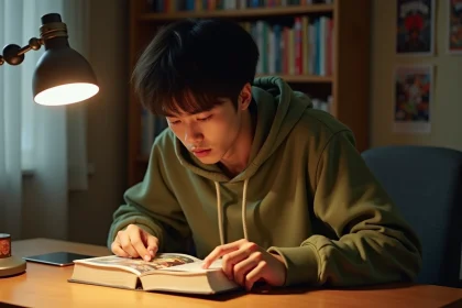 Jeune homme lisant un manga One Piece assis à son bureau entouré de volumes de collection