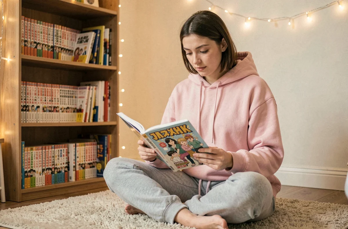 Jeune femme lisant un manga yaoi dans sa chambre décorée avec des étagères de mangas et des guirlandes lumineuses