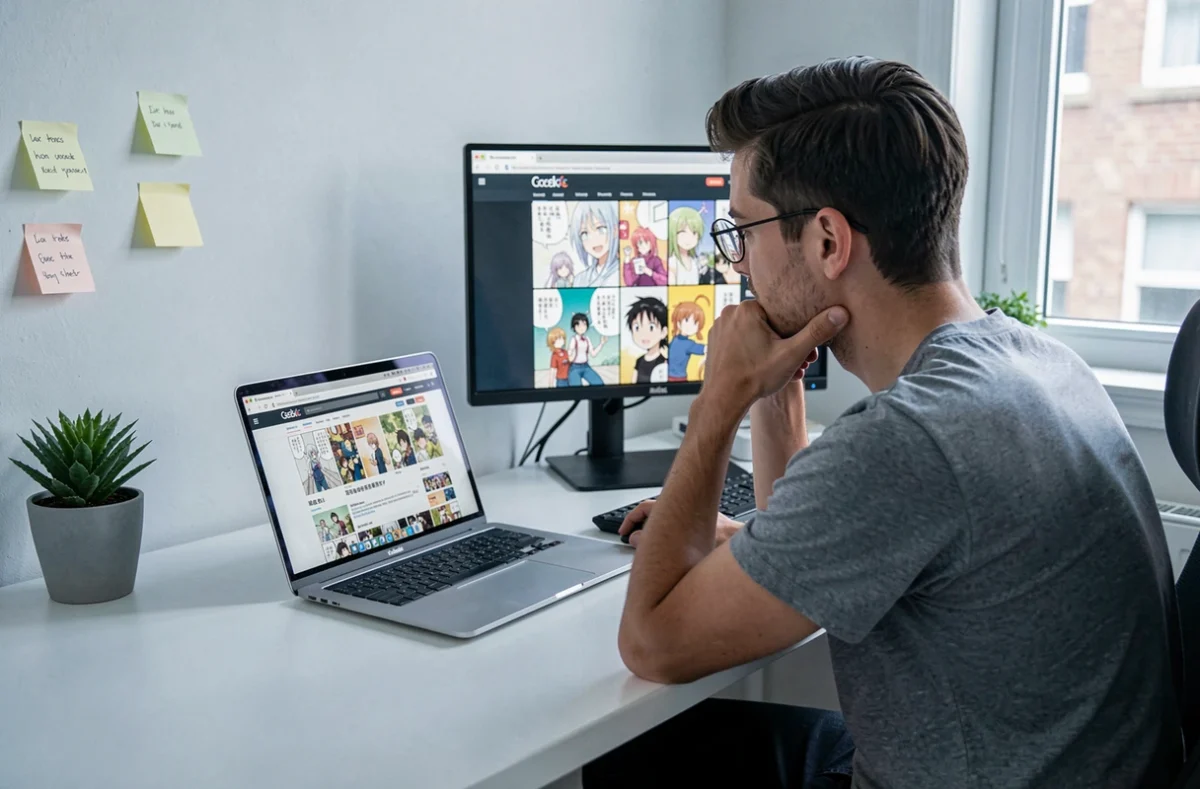 Homme lisant des scans de manga yaoi en français sur son ordinateur portable dans un bureau à domicile moderne