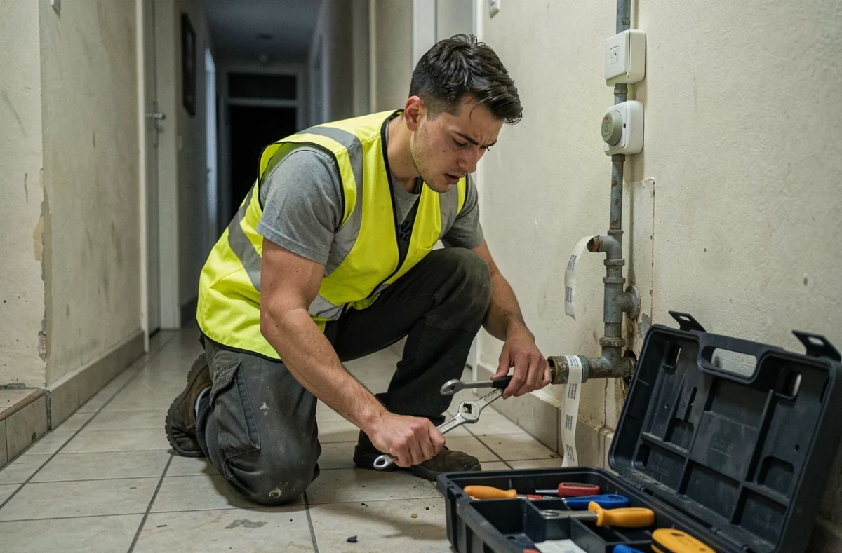 Technicien Les Artisans 31 effectuant un dépannage plomberie d'urgence dans un couloir d'immeuble à Toulouse