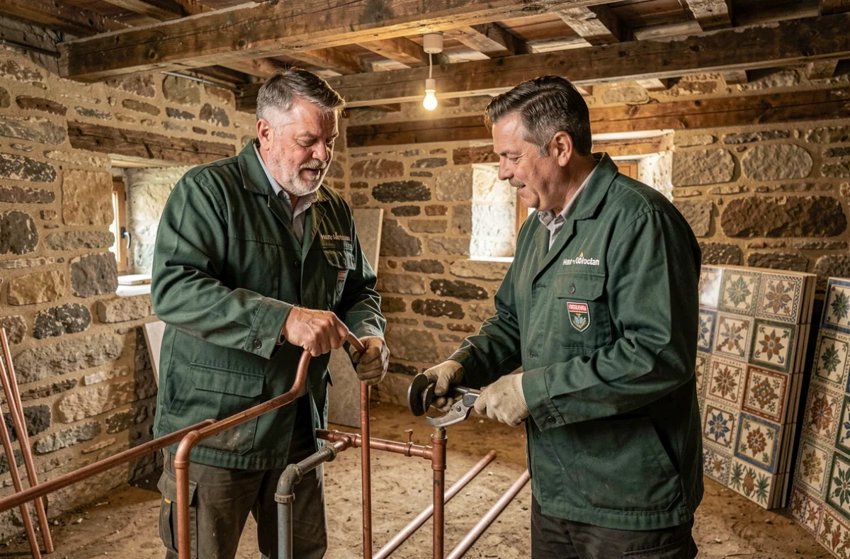 Deux artisans des Artisans Réunis travaillant sur une installation de plomberie dans le sous-sol d'une maison rurale en Haute-Garonne