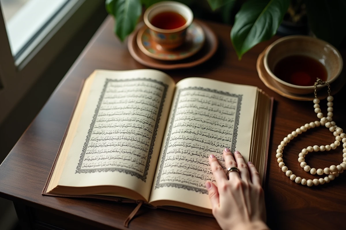 Livre de douaa en arabe ouvert sur un bureau en bois avec un chapelet et une tasse de thé, script calligraphié en langue arabe