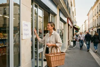 Femme entrant dans un supermarché ouvert le dimanche matin à Montpellier avec un panier en osier