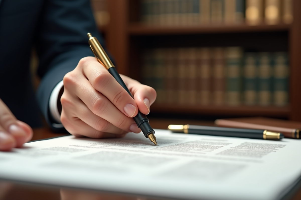 Main signant un document legal avec une plume élégante