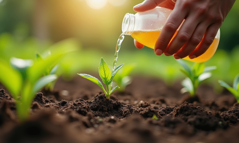 Gros plan de mains versant des remèdes naturels contre les mauvaises herbes