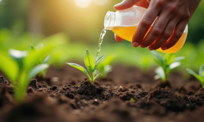 Gros plan de mains versant des remèdes naturels contre les mauvaises herbes