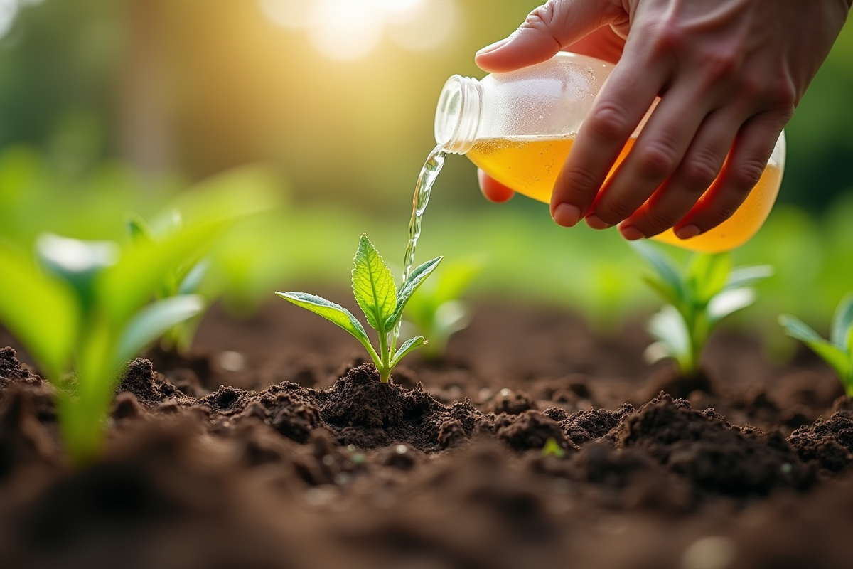 Gros plan de mains versant des remèdes naturels contre les mauvaises herbes