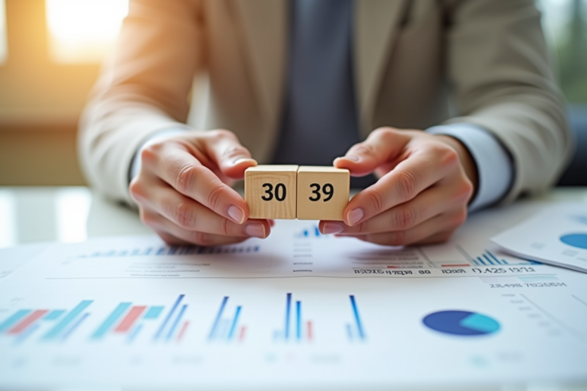 Mains tenant deux blocs avec années entourés de rapports financiers