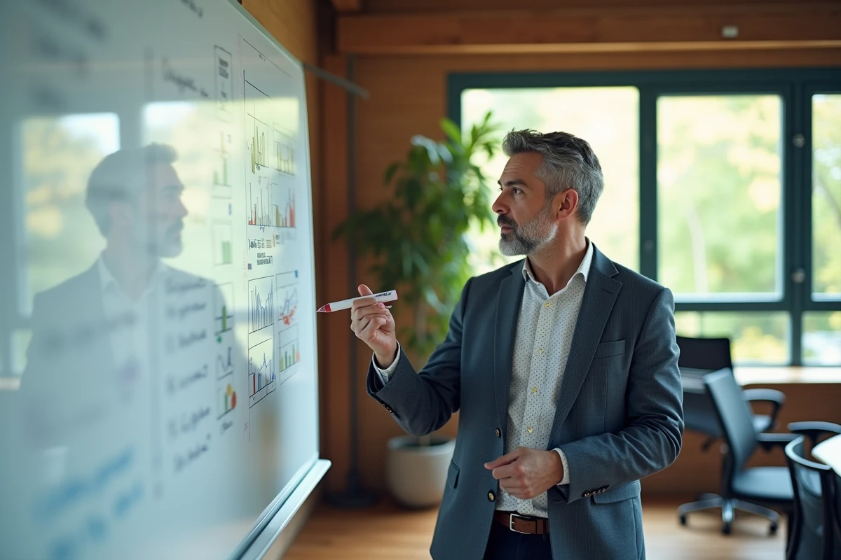 Manager expliquant des graphiques devant un tableau blanc