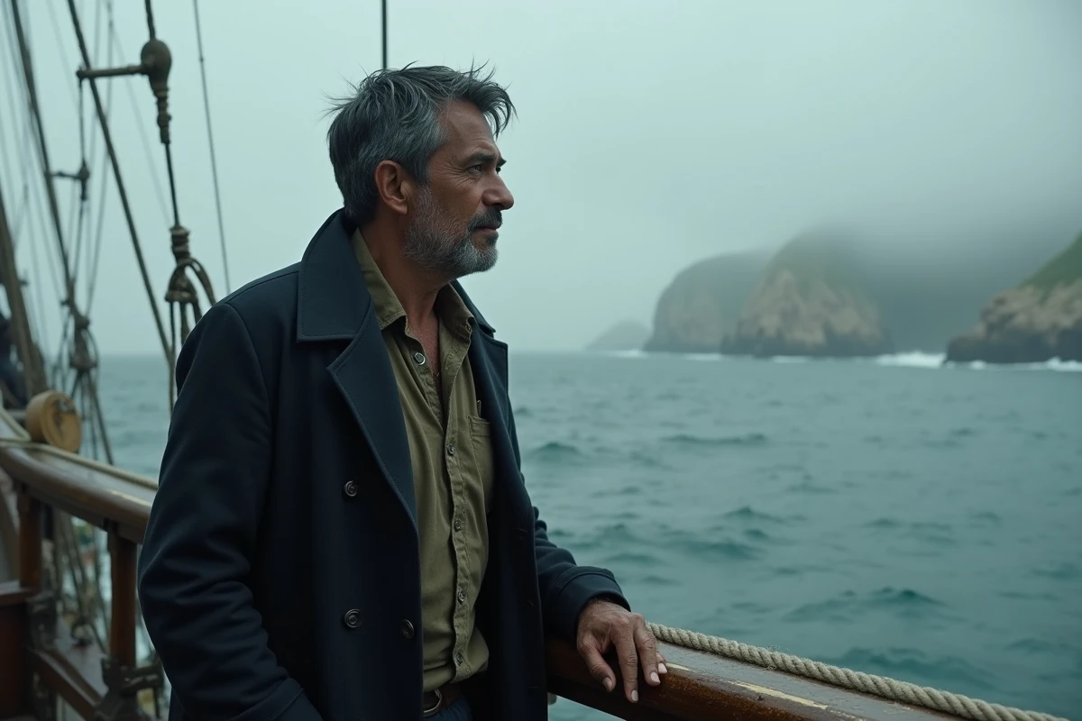 Homme marin vieillissant debout à la proue d'un voilier en bois face à un horizon orageux, symbolisant le destin et les secrets d'identité dans une épopée maritime
