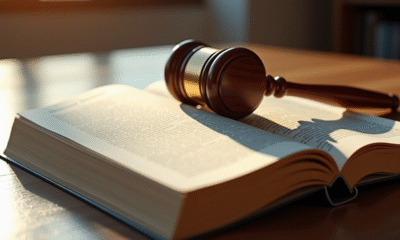Marteau de juge sur un livre ouvert avec texte legal