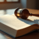 Marteau de juge sur un livre ouvert avec texte legal