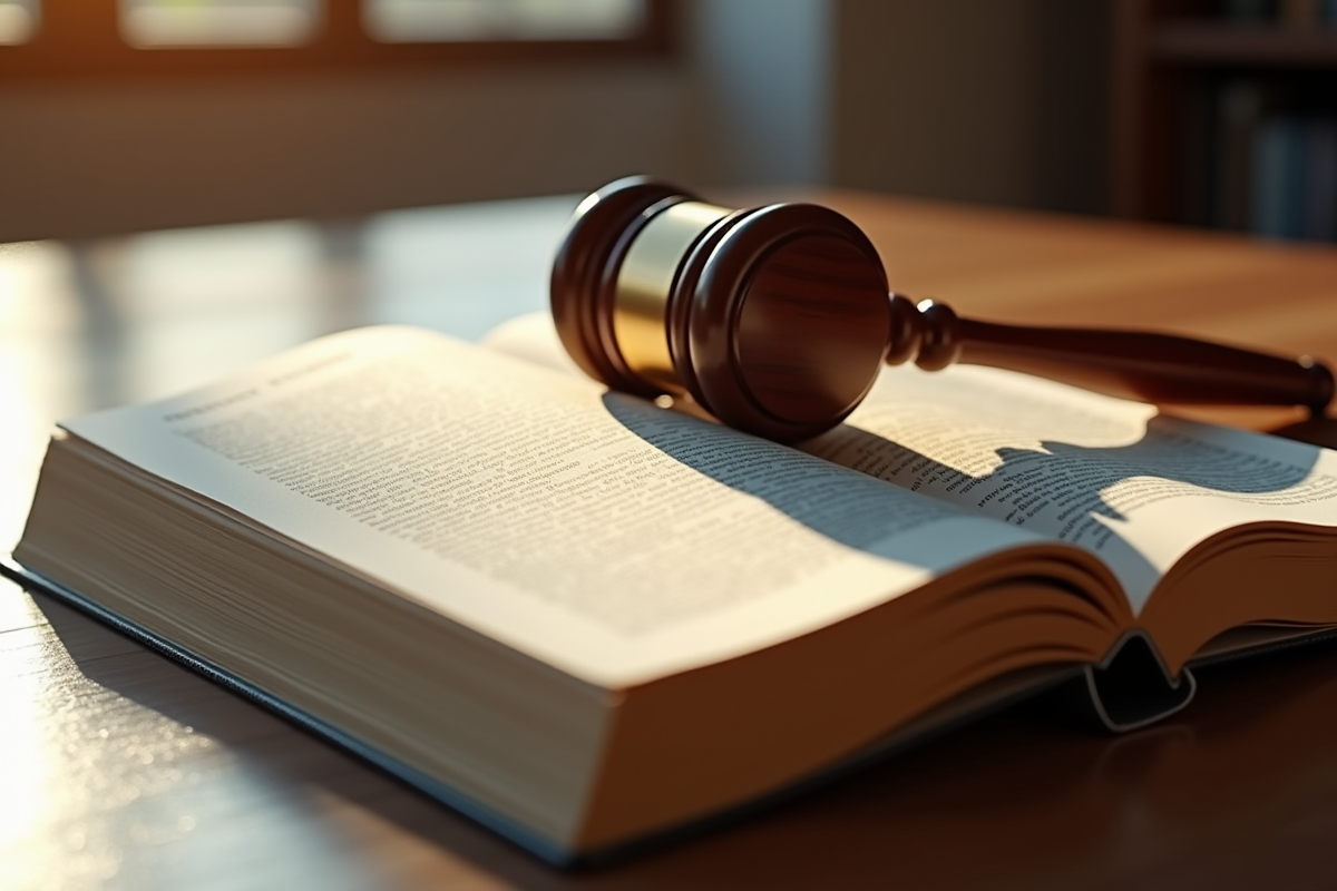 Marteau de juge sur un livre ouvert avec texte legal