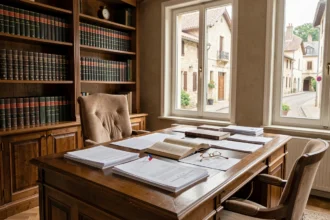 Cabinet d'avocat professionnel en Saône-et-Loire avec bureau en bois, livres juridiques et documents légaux organisés