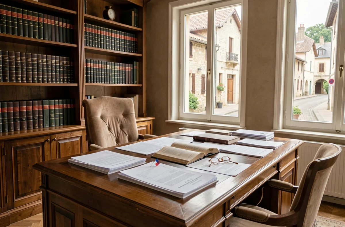 Cabinet d'avocat professionnel en Saône-et-Loire avec bureau en bois, livres juridiques et documents légaux organisés