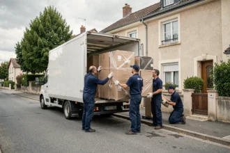 Équipe de déménageurs professionnels chargeant un camion devant une maison en Seine-et-Marne