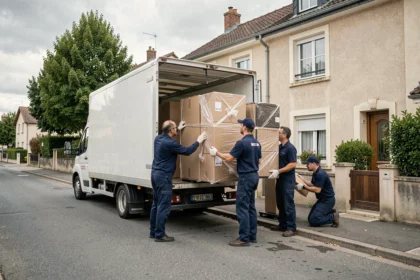Équipe de déménageurs professionnels chargeant un camion devant une maison en Seine-et-Marne