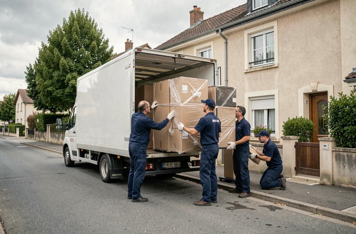 Équipe de déménageurs professionnels chargeant un camion devant une maison en Seine-et-Marne