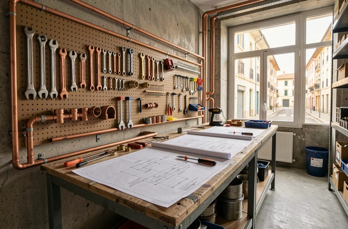 Atelier de plomberie professionnel en Haute-Garonne avec outils et tuyaux en cuivre organisés sur établi