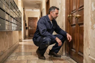 Serrurier professionnel en intervention devant une porte d'immeuble à Valence