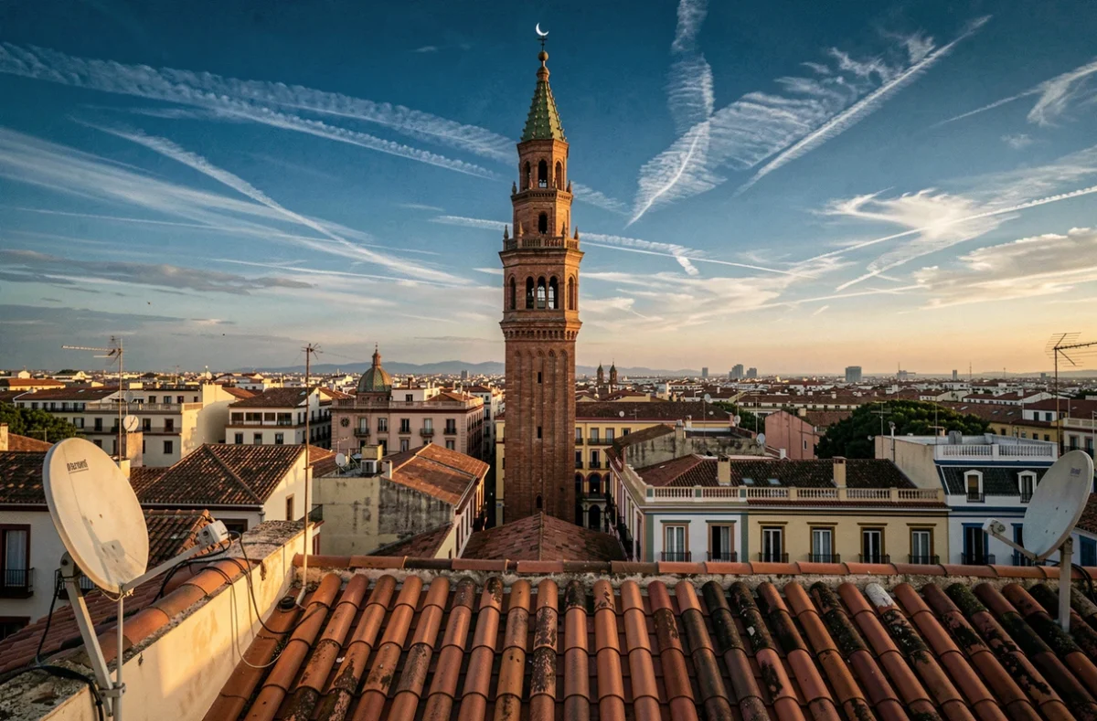 Minaret d'une mosquée se dressant au-dessus des toits de Valence avec un croissant de lune au crépuscule