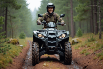 Homme souriant en équipement tout-terrain sur quad en forêt